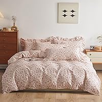 VM VOUGEMARKET Girls Duvet Cover with Pink Red Flower Pattern 100% Cotton Elegant Floral Bedding Set Queen Cottagecore Comforter Cover Set with Ruffle Pillowcases(3 pcs,90x90 Inch)