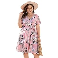 KOJOOIN Women Plus Size V Neck Wrap Dress High Waist Short Sleeve Ruffle Casual Summer Midi Dress with Belt Pink Flower 4XL