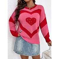 Women's Plus Size Casual Warm Sweater Plus Heart Pattern Beaded Detail Sweater Charming Mystery Special Beautiful (Color : Pink, Size : X-Large)
