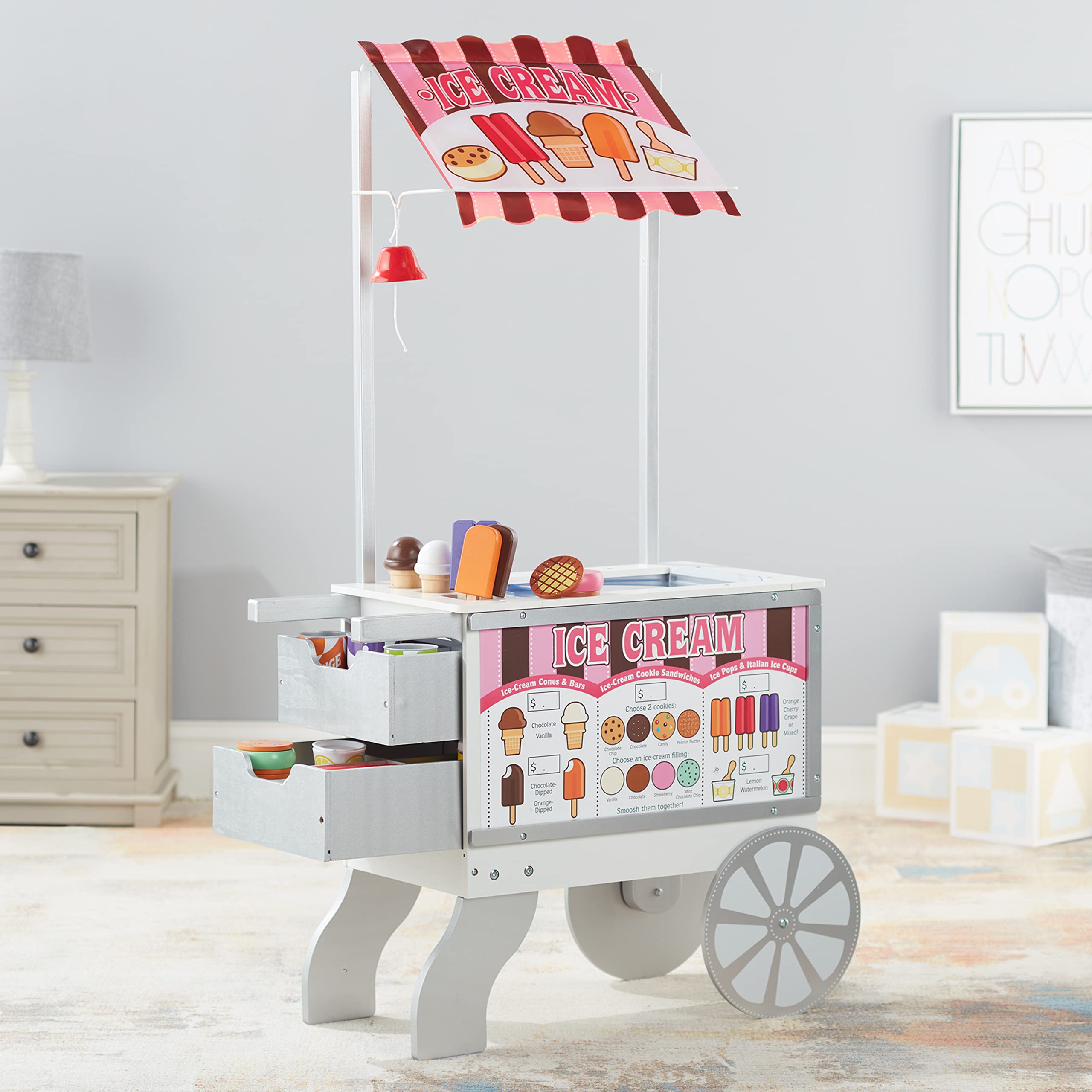 Melissa & Doug Wooden Snacks and Sweets Food Cart - 40+ Play Food pcs, Reversible Awning , Multi Colored