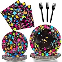 Neon Party Supplies for 24 Guests Glow Party Plates Napkins Tableware Neon Glow Birthday Colorful Graffiti Party Decoration Favor，96 Pieces