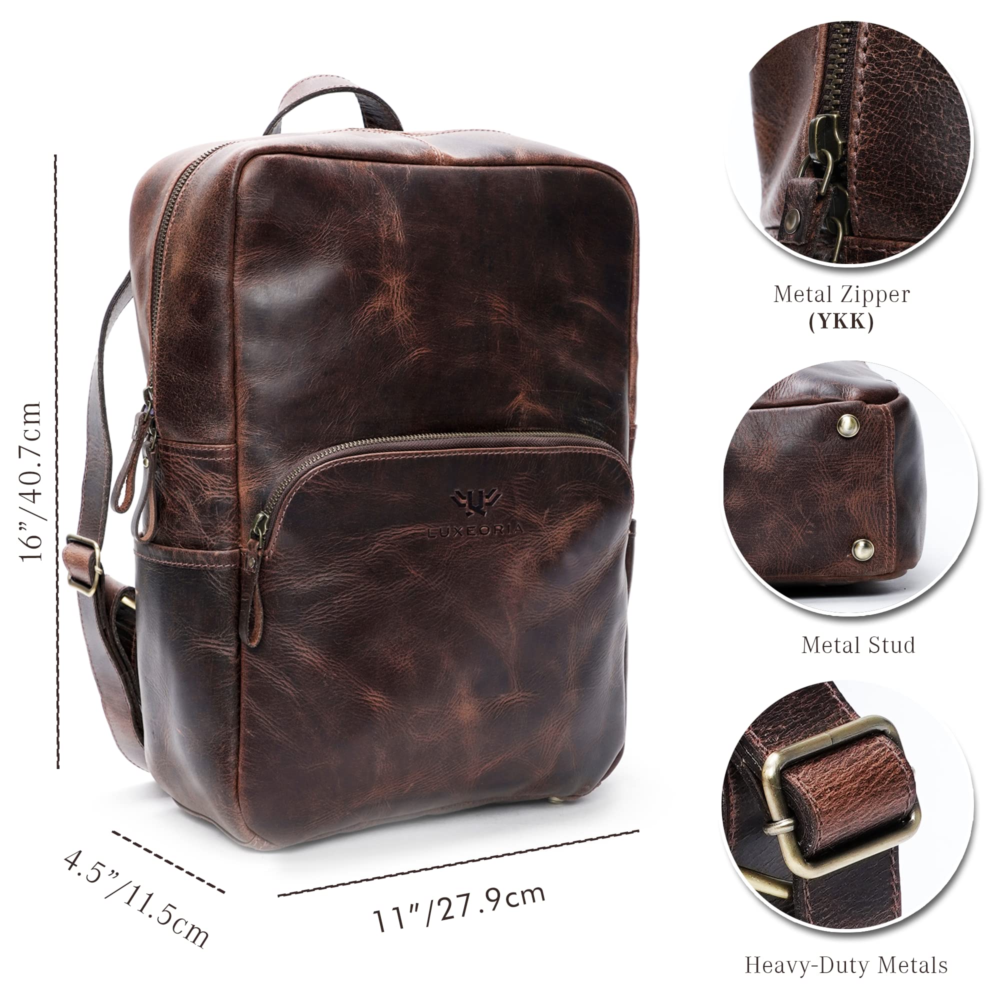 LUXEORIA Handmade Genuine Leather Backpack for Men and Women, Travel Luggage Laptop Bag -15.6 Inch, Retro Style Mens & Womens Casual Daypack For Colleges & Office - Vintage Brown