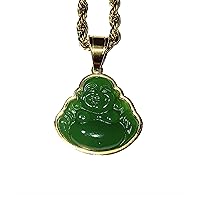 Laughing Buddha Green Jade Pendant Necklace Rope Chain Genuine Certified Grade A Jadeite Jade Hand Crafted, Natural Green Obsidian Healing Crystal Necklaces Buddha Mala Statue Prayer Necklace