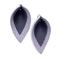 Layered Leather Leaf Earrings for Women (Black on Gray)