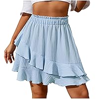 Womens Layered Mini Skirt Ruffle Hem Summer Boho Skirt Elastic Waist Fashion Beach Skirts Solid Color Pleated Skirt