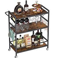 EasyCom Bar Cart for The Home, 3-Tier Serving Carts with Lockable Wheels, Wine Rack, Glass Holder, 6 Hooks, Small Rolling Kitchen Cart for Dining Room, Living Room, Bathroom Black
