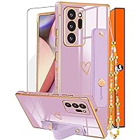 (3in1 for Samsung Galaxy Note 20 Ultra Case Heart Women Girls Cute Girly Aesthetic Trendy Luxury Pretty with Loop Phone Cases Purple Lavender Plating Love Hearts Cover+Screen+Chain -6.9 inch
