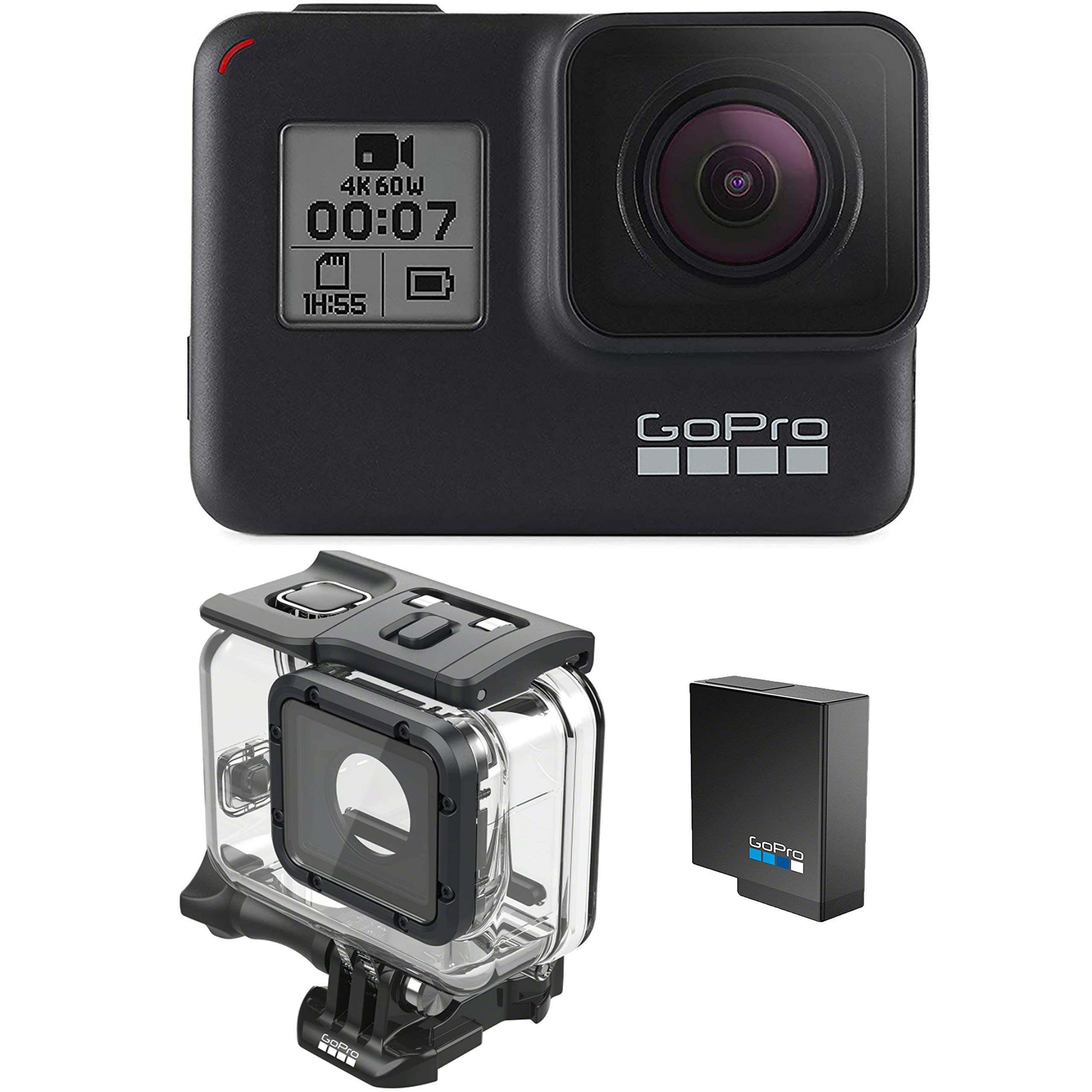 GoPro HERO7 Black + Extra Battery + Super Suit Dive Housing Case - E-Commerce Packaging - Waterproof Digital Action Camera with Touch Screen 4K HD Video 12MP Photos Live Streaming Stabilization