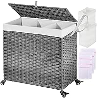 GREENSTELL Laundry Hamper with Wheels&Lid, 140L Large 3 Sections Clothes Hamper with 2 Types Removable Liner Bags, 5 Mesh Laundry Bags, Handwoven Divided Laundry Basket Gray