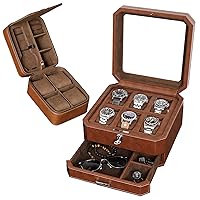 Gift Set 6 Slot Leather Watch Box with Valet Drawer & Matching 5 Watch Travel Case - Luxury Watch Case Display Organizer, Locking Mens Jewelry Watches Holder, Men's Storage Boxes Glass Top Tan/Brown