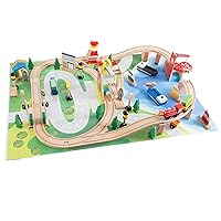 Wooden Train Set with Play Mat for Kids - Includes Deluxe Wood Tracks, Train Cars, Boats, Accessories for Boys and Girls by Hey! Play!