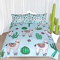 Alpaca Llama Cactus Pattern Bedding Green Blue Girls Cute Duvet Cover 3 Piece South American Cartoon Animal Bedspreads (Full)