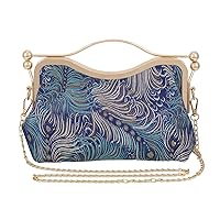 Women's Embroidered Purse Vintage Clutch Handbag Evening Purse with Chain Strap, Blue, M