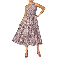 ZCSIA Women's One Shoulder Summer Boho Sleeveless Dresses 2023 Smocked Floral Flowy Ruffle Beach Party Maxi Dress