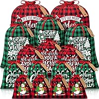 16 PCS Christmas Drawstring Gift Bags with Tags, Buffalo Plaid Large Xmas Gift Bags Assorted Sizes Bulk, Cotton Fabric Holiday Gift Bags Jumbo Medium Small Xmas Wrapping Bags for Presents Party Favors