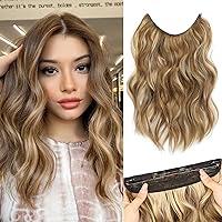 MORICA Invisible Wire Hair Extensions - 14 Inch Brown Mixed Blonde Long Wavy Synthetic Hairpiece with Transparent Wire Adjustable Size, 4 Secure Clips for Women(Brown Mixed Blonde,14Inch)