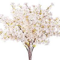 Set of 8 Silk Cherry Blossom Branches Cherry Blossom Tree Stems Long Stem Artificial Flowers for Tall Vase Cherry Blossom Flowers for Home Wedding Vase Floral Arrangements, 39.37 Inch (White)