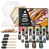 Arteza Acrylic Pouring Paint Kit, 36 Pieces, Bright and Iridescent Pouring Paint, Pearlized Paint, 3D Fabric Paint, Chunky Glitter, Wood Slices, Canvases, and Foam Brushes, Art Supplies for Painters