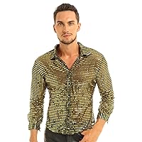 iiniim Men's Shiny Sequins Long Sleeve Mesh Top 60s 70s Disco Dance Shirt Slim Fit Casual Shirts Clubwear