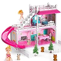 Doll House, Dream Doll House Furniture Pink Girl Toys, 2 Stories 3 Rooms Dollhouse with 2 Princesses Slide Accessories, Toddler Playhouse Gift for for 3 4 5 6 7 8 9 10 Year Old Girls Toys
