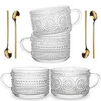 4pcs Set Vintage Coffee Mugs gifts for women, Overnight Oats Containers with Spoons - 14oz Clear Embossed Glass Cups, Cute Coffee Bar Accessories, Iced Coffee Glasses, Glassware for Cereal, Yogurt