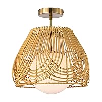 Warehouse of Tiffany Lada 13 Inch Natural Rattan Semi Flush Mount 1-Light, Brass and Natural (MX55/1)