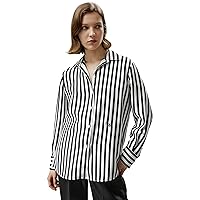 LilySilk Womens 100% Silk Shirt Ladies Blue White Pinstripes Blouse with V Neck and Long Sleeve Work Casual All Season