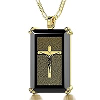 Men's Crucifix Necklace with 24k Gold Inscribed Matthew 27 Bible Scripture on Onyx Christian Pendant, 20