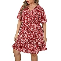 HBEYYTO Womens Casual V-Neck Plus Size Summer Boho Swing Dress Short Ruffle Sleeve Bohemian Floral Printed Beach Sundress