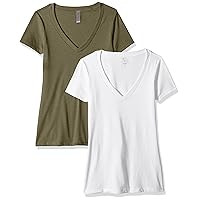 Clementine Apparel Women's Petite Plus 2-Pack Short Sleeve Deep V-Neck T-Shirt, White/Military, Medium