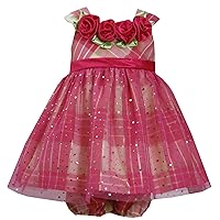 Baby Girls 3M-24M Fuchsia/Multi Spange Mesh Overlay Metallic Plaid Taffeta Dress