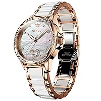 OLEVS Womens Automatic Watch, Premium Large Face Diamond Accented Self Winding Watches for Women, Fashion Waterproof Ladies Dress Watch, Two Tone Stainless Steel Ceramic Bracelet