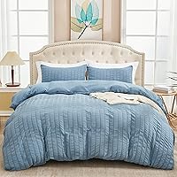 AveLom Grayish Blue Duvet Cover Full(80 x 90 inches), 3 Pieces (1 Duvet Cover, 2 Pillow Cases),Seersucker Tripe Soft Washed Microfiber Textured Duvet Cover Set with Zipper Closure, Corner Ties