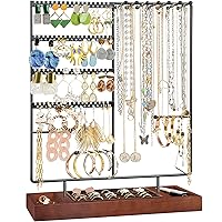 Jewelry Organizer Stand Earring Holder Organizer Mothers Day Gift, 6 Tiers Earring Organizer Tree Necklace Rack Jewellery Tower Bracelets Holder Storage with Removable Wooden Ring Tray -Black