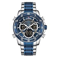 NAVIFORCE Mens Watch Chronograph Waterproof Sport Analog Digital Quartz Watches Business Fashion Stainless Steel Military Multifunctional Wristwatches (Blue)