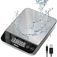 Food Kitchen Scale 22lb, Digital Scale Weight Grams and Oz, IPX6 Waterproof, Type-C Rechargeable, 304 Stainless Steel, 0.05oz/1g Precise Graduation, 5 Units for Baking and Cooking