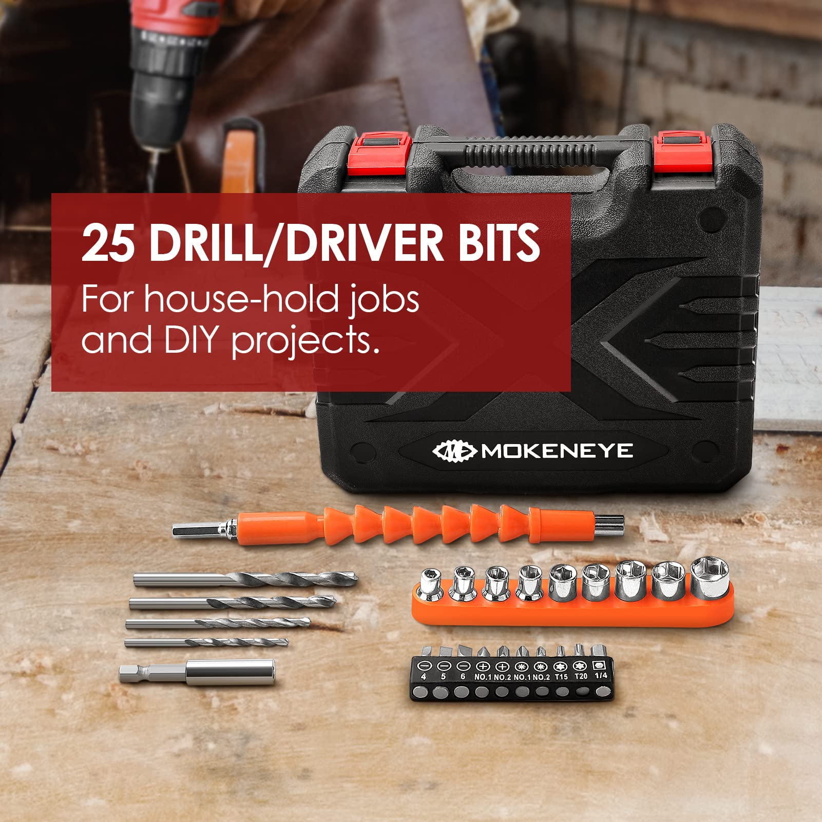 MOKENEYE 20V Cordless Drill Driver Kit, Power Drill with 20V Lithium-Ion Battery, 2-Variable Speed, 25+1 Position, 320In-lbs Torque, 3/8” Keyless Chuck, Built-in LED Light