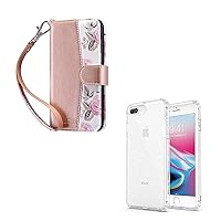 ULAK iPhone 8 Plus/7 Plus Wallet Case Floral + iPhone 7 Plus/8 Plus Case Clear Glitter Shockproof Protective Phone Cover for Women Girls