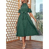 Summer Dresses for Women 2022 Dalmatian Print Cold Shoulder Pleated Hem Flounce Sleeve Belted Dress Dresses for Women (Color : Green, Size : Small)