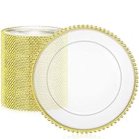 50 Pcs Clear Charger Plates 13 Inch Plastic Round Dinner Plates with Beaded Rim Dinner Table Decorative Plates for Home Wedding Kitchen Birthday Bridal Shower Party Dinner Table Supply (Gold)