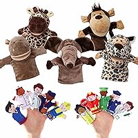 17-Piece Imaginative Play Bundle - Includes Animal Hand Puppets & Happy Helpers Finger Puppets - Zoo, Safari, Farm, Wildlife, and Neighborhood Characters - Monkey, Elephant, Giraffe, Hippo, Leopard, a