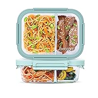 Bentgo® Glass Leak-Proof Meal Prep Set - 4-Piece Lunch & Dinner 2-Compartment Glass Food Containers with Glass Lids - Reusable, BPA-Free, Microwave, Freezer, Oven & Dishwasher Safe (Seafoam/Seaglass)