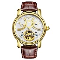 Guanqin Analogue Automatic Self-Winding Mechanical Sport Men's Stainless Steel and Leather Watch Skeleton Calendar Luminous Waterproof