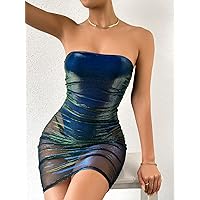 Dresses for Women Ruched Mesh Tube Bodycon Dress (Color : Blue, Size : Small)