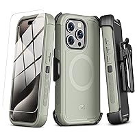 MYBAT PRO Maverick Series iPhone 15 Pro Max Case with Belt Clip Holster, with Screen Protector,Anti-Drop,Shockproof,360°Rotating Kickstand,Heavy Duty Protection Natural Titanium