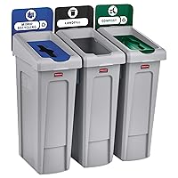Rubbermaid Commercial Products Slim Jim Recycling Station, 23-Gallon, 3 Stream Landfill/Mixed Recycling/Compost Trash Cans, Waste Container for Schools/Cafeteria/Office/Hospital