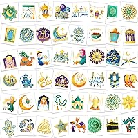 HOWAF 96pcs Eid Mubarak Temporary Tattoos, Ramadan Kareem Themed Face Tattoos Stickers for Boys girls with Star Moon Castle Patterns for Eid Party Decorations, Ramadan Mubarak Fake Tattoos