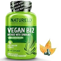 NATURELO Vegan B12 - Methyl B12 with Organic Spirulina - High Potency Vitamin B12 1000 mcg Methylcobalamin - Supports Healthy Mood, Energy, Heart & Eye Health - 90 Capsules