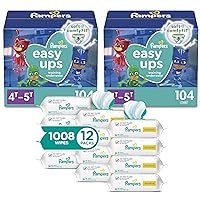 Pampers Easy Ups Pull On Training Underwear Boys, 4T-5T, 2 Month Supply (2 x 104 Count) with Sensitive Water Based Baby Wipes 12X Multi Pack Pop-Top and Refill (1008 Count)