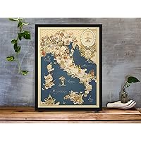 GiuseeArtPrints Framed Wall Art Decor - Art Print of Vintage Italian Food Map - Gastronomic Map of Italy, Ideal Decor piece for Restaurants and Cafes, and a Good choice for Foodies (11-Inch x 14-Inch)